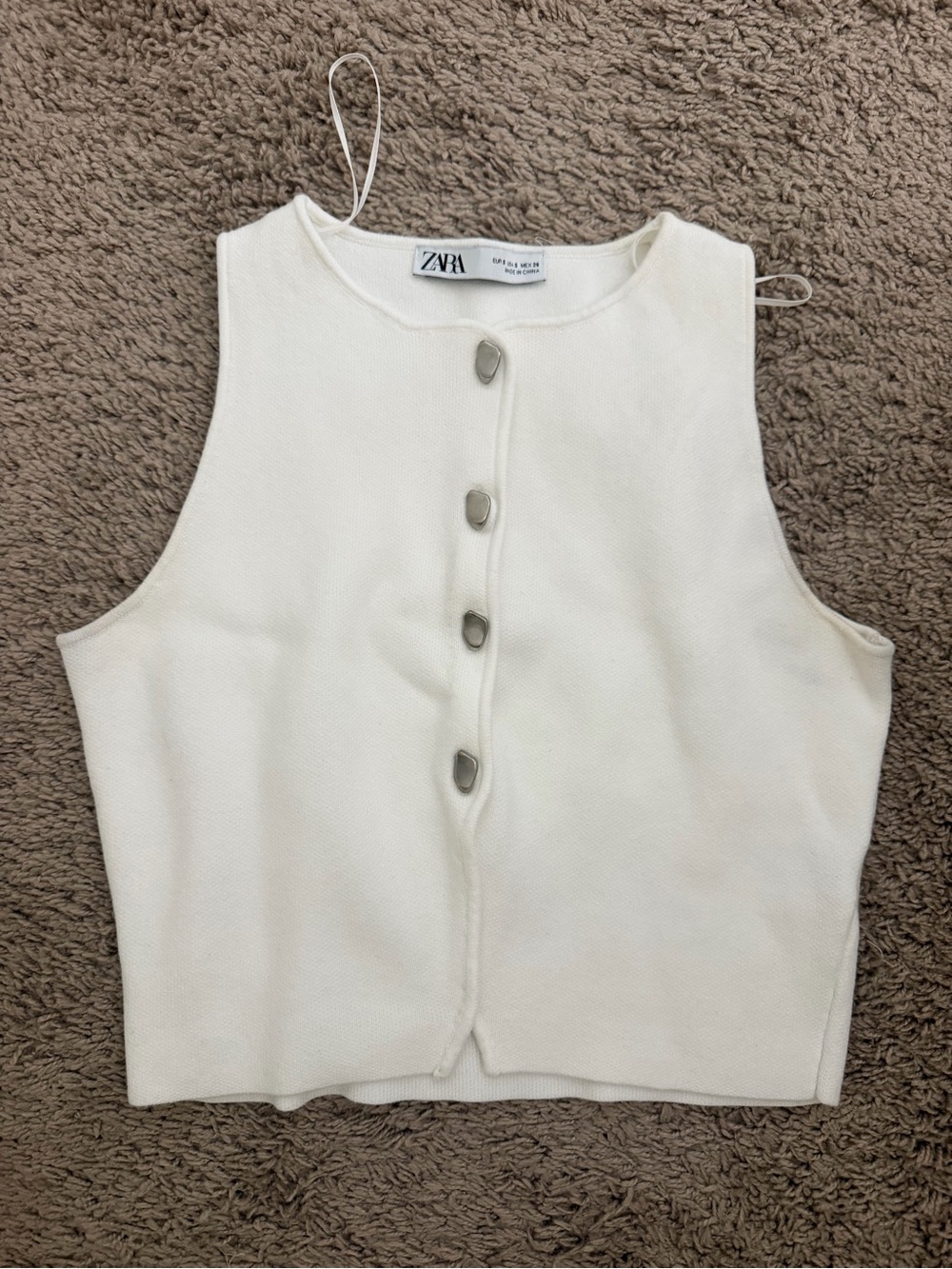 Zara white Sleeveless Knit Top with Metal Button
